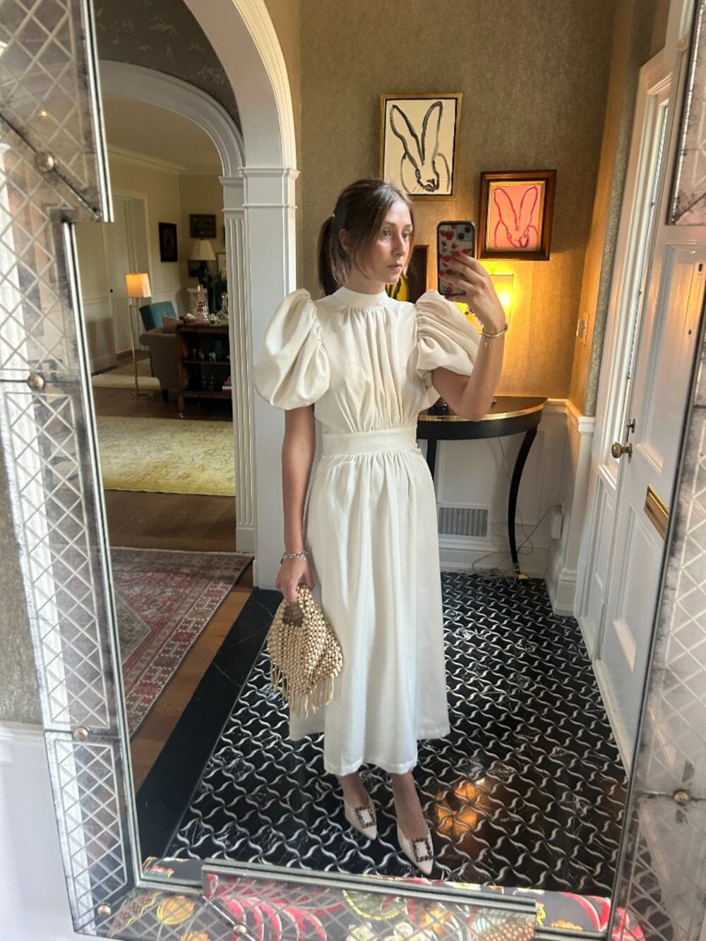 ROTATE White Puff Sleeve Midi Dress 34/XS